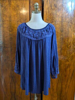 Soft Surroundings Deep Purple Micro Eyelet Peasant Blouse Tunic 1X Crochet Lace